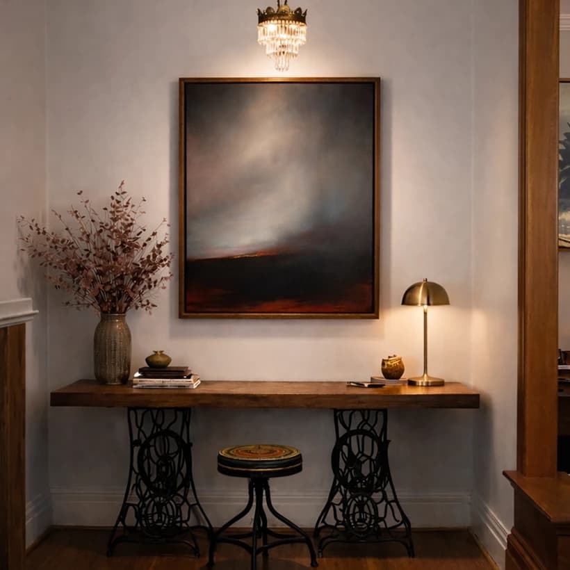 Moody landscape painting illuminated by a chandelier in a warm entryway with vintage furnishings