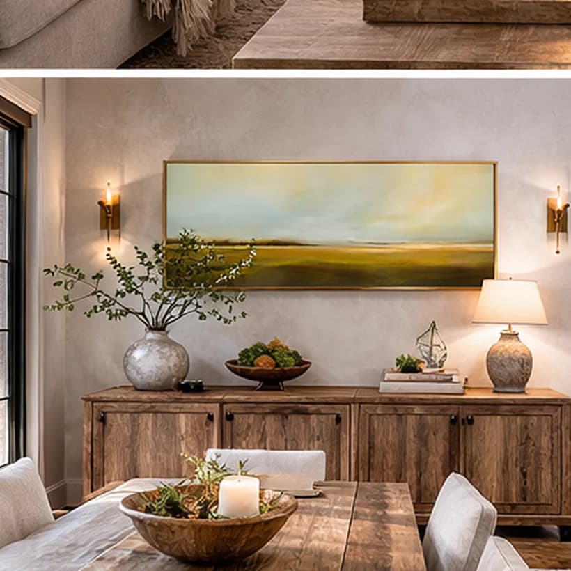 Panoramic landscape painting in a rustic dining room with wall sconces and natural wood furniture