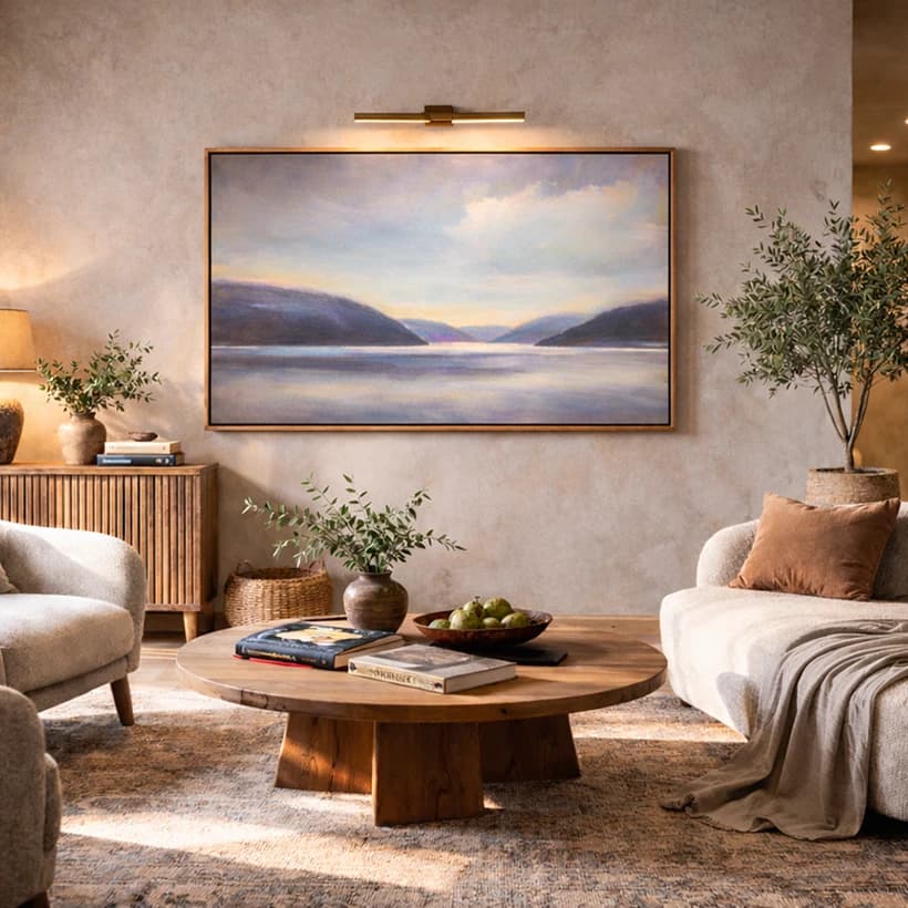 Serene Finger Lakes painting with soft purple tones displayed in a cozy modern living room