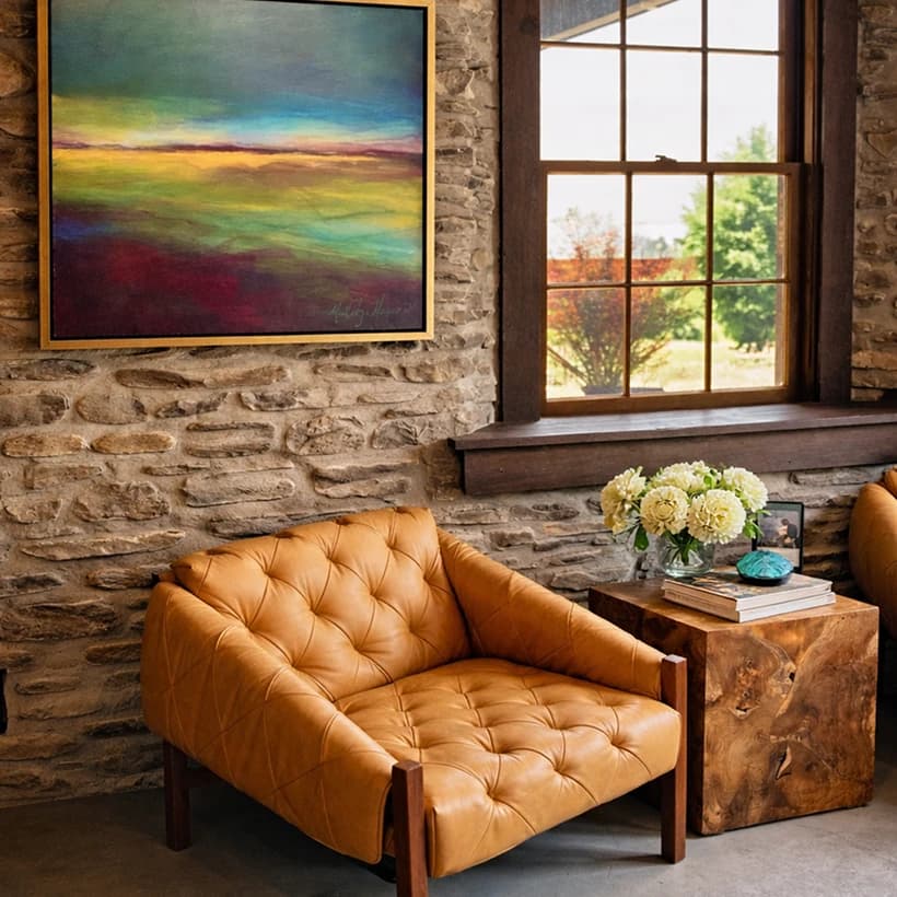 Colorful landscape painting on a stone wall above a leather armchair